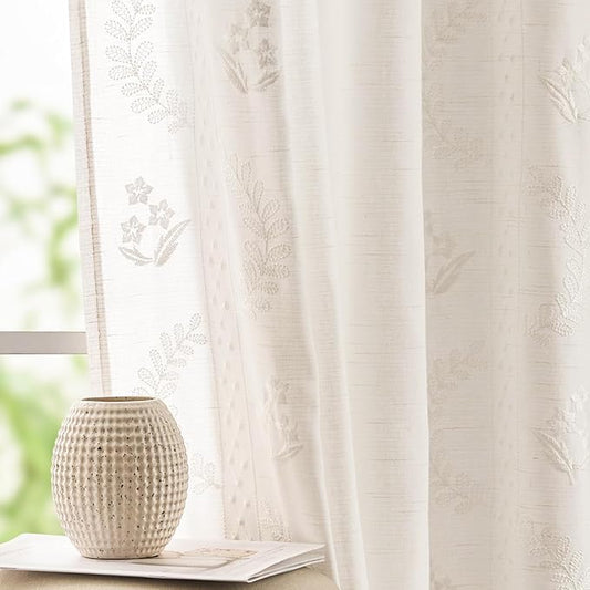 jinchan Belrose Linen Curtains for Bedroom Floral Curtains 96 Inch Length Linen Blend White Embroidered Drapes Farmhouse Flower Patterned Drapes for Living Room Window Treatments Set 2 Panels