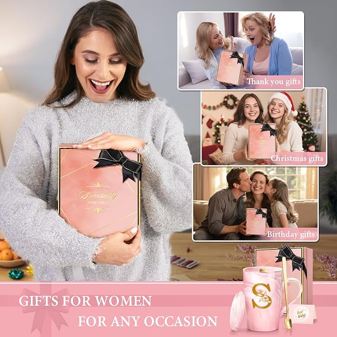 Personalized Marble Ceramic Mug Gifts for Women, 14 Oz Pink Initial Customized Gift Coffee Mug with Lid, Birthday Christmas Mother's Day Gifts for Her Wife Mom Grandma Friend Sister Unique,S