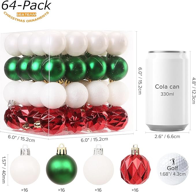 Sea Team 64-Pack Shatterproof Plastic Christmas Ball Ornaments Set, Colorful Christmas Baubles, Hanging Decorations for Xmas Tree, Wreath, Garland, (40mm/1.57 Inches, Elf)
