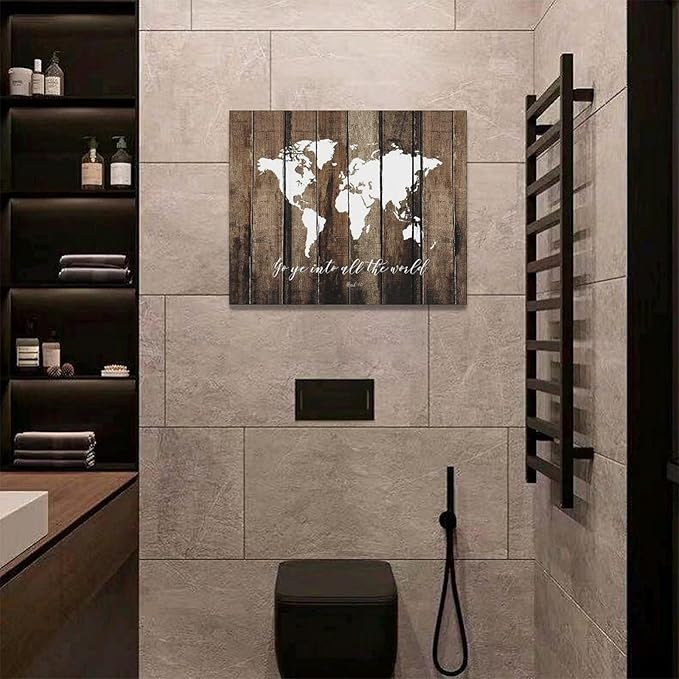 Large World Map Wall Art Rustic World Map Pictures Wall Decor Go Ye Into All The World and Preach The Gospel Canvas Painting Print Home Artwork Framed for Living Room Bathroom Master Bedroom 20"x16"