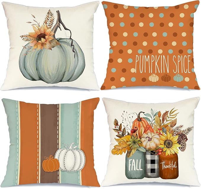 AACORS Fall Pillow Covers 20 x 20 Inch Set of 4, Pumpkin Vase Harvest Floral Pumpkin Spice Decorations Autumn Seasonal Pillow Case Decor for Sofa Couch AA560-20