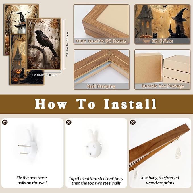 ANHUIB Large Halloween Wall Art Spooky Ghost Witch Wall Decor Black Cat with Crow Painting 16x24 Inch Set of 3 for Living Room Bedroom