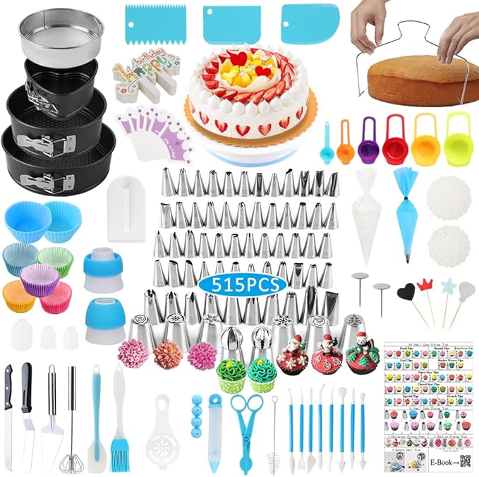 Cake Decorating Kit Cake Decorating Supplies, 515 PCS Baking Supplies Set with 3 Springform Pan Sets, 66 Icing Piping Nozzles, Cake Rotating Turntable, Piping Bags, Birthday Gifts for Mom Wife