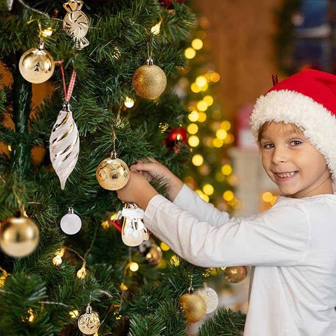 130 Pcs Christmas Ball Ornaments, Christmas Tree Decoration Set Golden Christmas Ball Shatterproof Hanging Ornament Decorations for Christmas Tree, Wreaths, and Outdoor Displays (Golden)