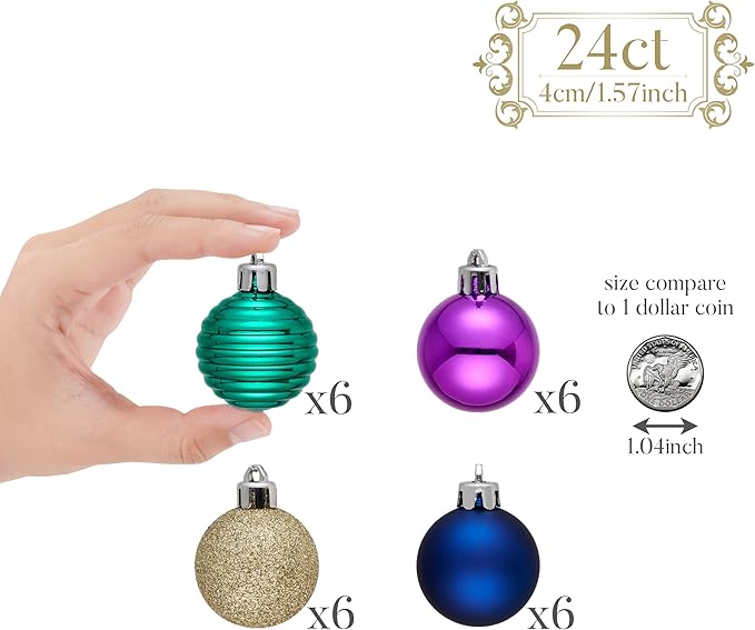 Valery Madelyn 1.57 Inches Small Christmas Tree Decorations Ornament Set for 4th of July Fall Halloween, 24ct Peacock Purple Blue Shatterproof Hanging Ball Ornaments Holiday Party Decor