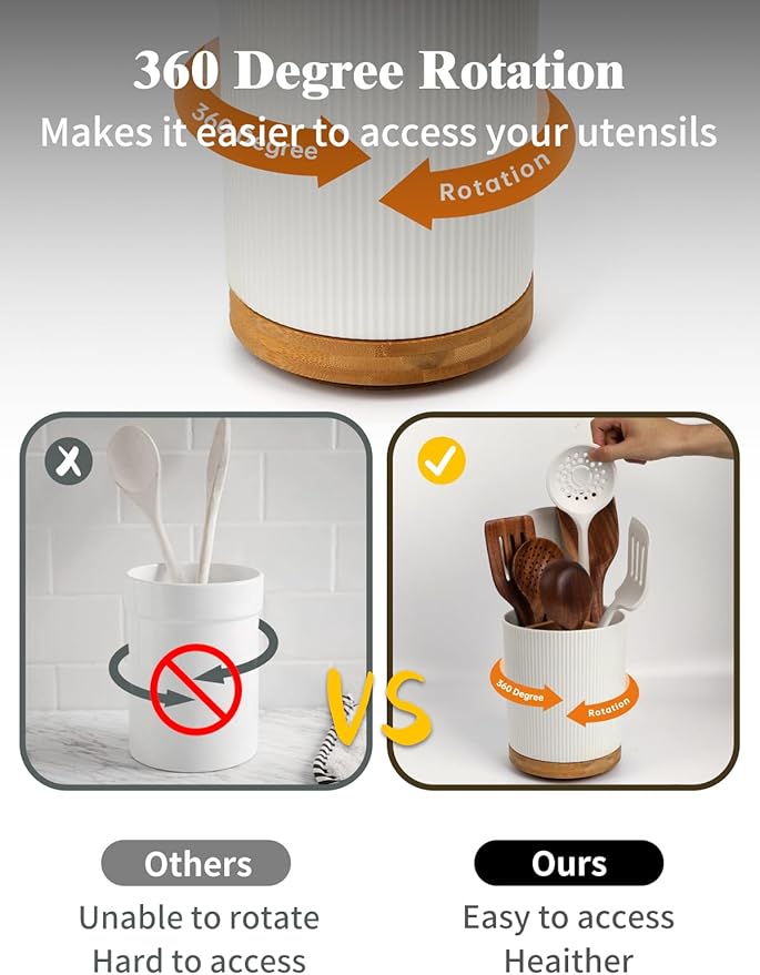 LoeJan 3 Compartment Utensil Holder, Extra Large Utensil Crock, Stable Ceramic Utensil Organizer, Cooking Tool Organizer Set for Kitchen Counter Farmhouse Decor (A-White(Vertical Stripe))