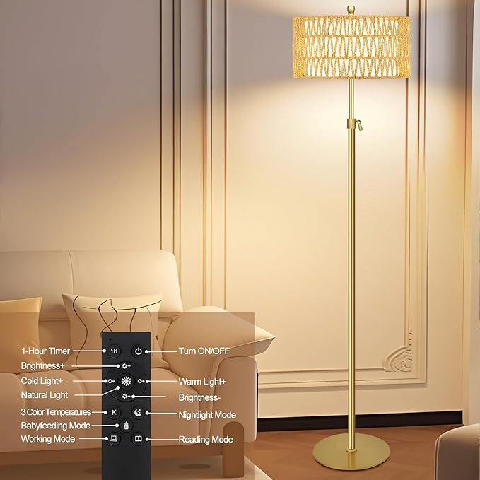 Gold Floor Lamps for Living Room Rattan Boho Floor Lamp with Remote Control,Dimmable Wicker Floor Lamp Modern Standing Lamp with 3 Color Temperature Brass Tall Floor Lamps for Bedroom Corner