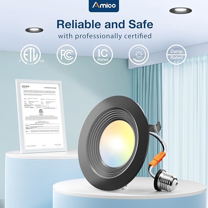 Amico 24 Pack 4 inch 5CCT LED Recessed Lighting, Dimmable, 8.5W=60W, 650LM, 2700K/3000K/4000K/5000K/6000K Selectable, Retrofit Can Lights with Baffle Trim, IC Rated - ETL & FCC, Black