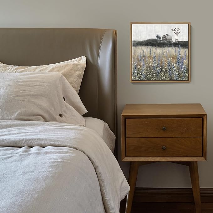 Framed Wall Art Vintage Classical Farmhouse Painting Rustic Countryside Wildflower Field Nature Meadow Landscape Retro Windmill Barn Canvas Print Wilderness Artwork for Bedroom Living Room 14"W x 14"H