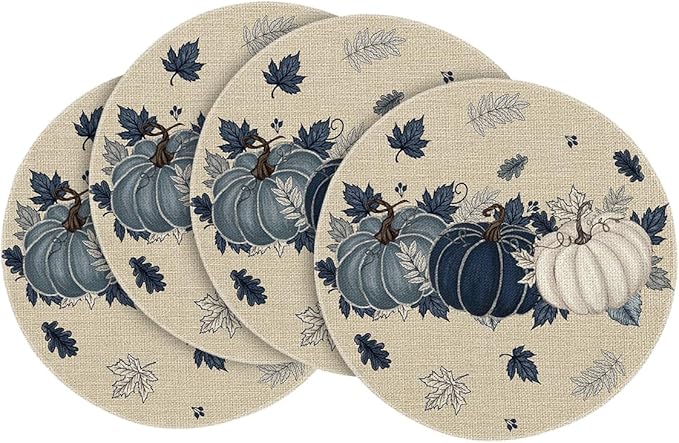 Artoid Mode Navy Blue Pumpkins Eucalyptus Leaves Round Fall Placemats Set of 4, 14 Inch Thanksgiving Round Table Mats for Dining Decoration