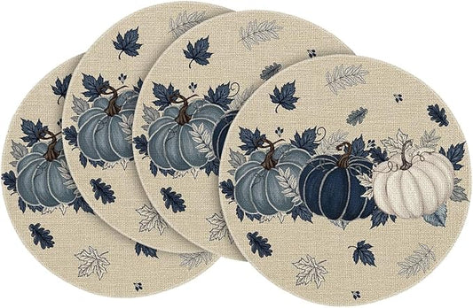 Artoid Mode Navy Blue Pumpkins Eucalyptus Leaves Round Fall Placemats Set of 4, 14 Inch Thanksgiving Round Table Mats for Dining Decoration