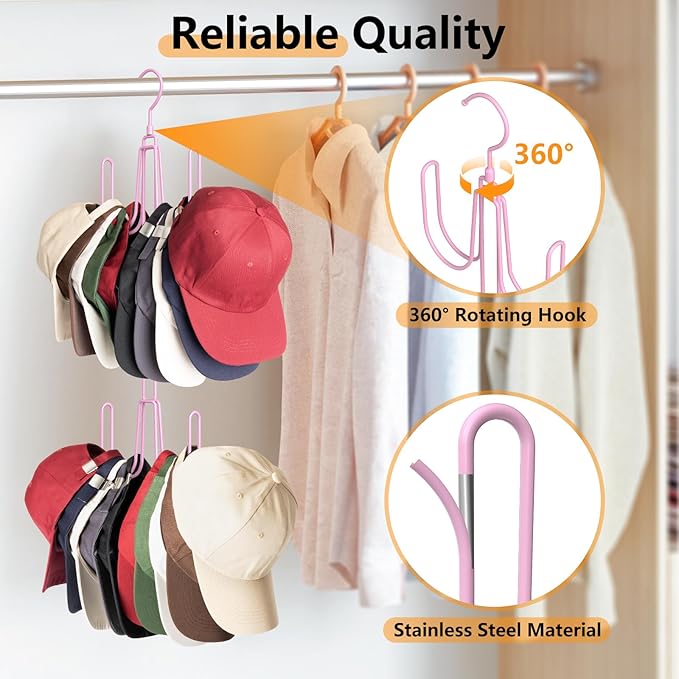 Hat Hangers for Closet, Stainless Steel Hat Organizer, Hat Racks for Baseball Caps, Cap Organizer for Baseball Caps, 1 Pack, Pink