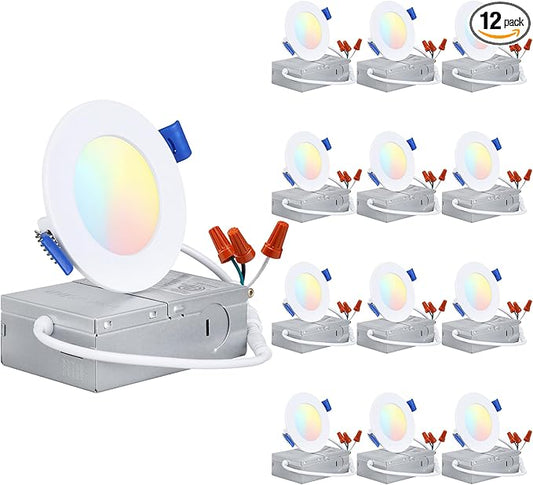 TORCHSTAR 12-Pack 5CCT 3 Inch Ultra-Thin LED Recessed Lighting with Junction Box, CRI90, Aluminum, 2700K3000K3500K4000K5000K, 5%-100% Dimmable Slim Recessed Downlight, 6W 450LM, ETL & ES