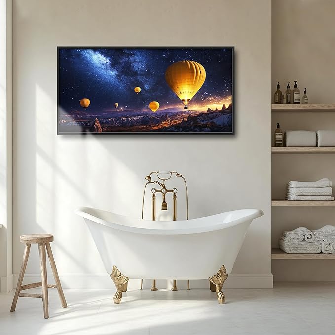 Olivine Hot Air Balloon Wall Art, Cappadocia Landscape Pictures Wall Decor, Night Adventure Paintings, Travel Canvas Prints, Framed Artwork for Bathroom Bedroom Living Room Office Home 60"x30"
