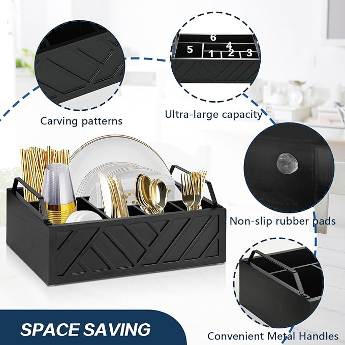 Paper Plate Dispenser and Holder for Kitchen Counter, Wood Rustic Silverware Utensil Caddy, Cutlery Flatware Organizer Box for Cups Spoons Forks Napkins, Kitchen Accessories (Black)