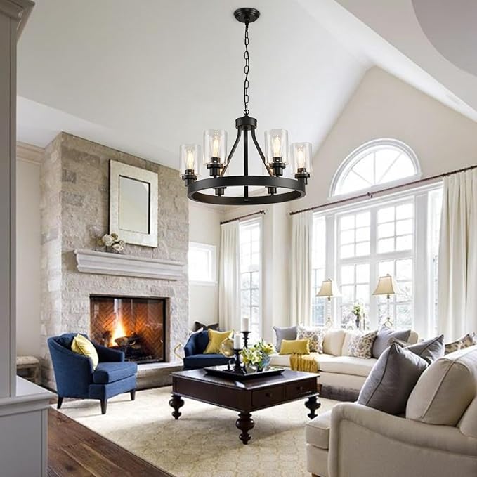 D24'' Black Wagon Wheel Chandelier, 6-Light Black Round Farmhouse Chandeliers, Dining Room Light Fixtures Industrial Hanging Lights for Kitchen Island, Living Room, Bedroom, Entryway, Foyer