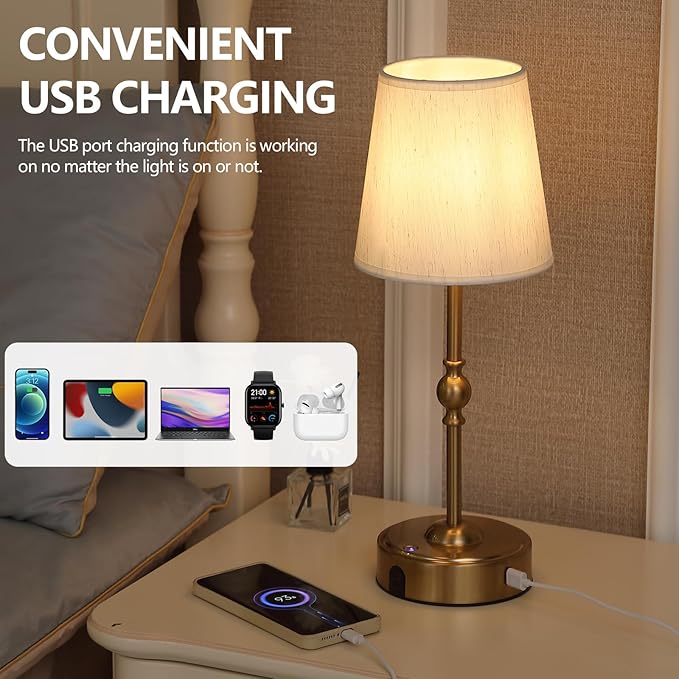 Cordless Rechargeable LED Table Lamp with Dimmer,Nightstand Lamp with USB Port,Antique Brass Portables Outdoor Lamp, Battery Operated Lamp for Patio Bedroom Bedside Balcony Camping Bar RV