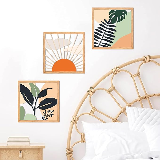 ESTART 3 Pcs Boho Wooden Wall Art Decor Bohemian Wall Hanging Sculpture Farmhouse Geometric Aesthetic Artwork, Mid Century Modern Design for Bedroom Living Room Office, 39 x 11.8 inch