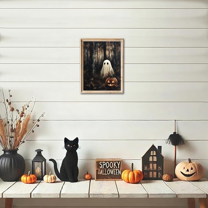 RETRART Vintage Halloween Ghost Wall Decor Pumpkin Head Wall Art Print 11x14 inch Horror Decor, for Bedroom, Kitchen Spooky Wall Decor, Moody Fall Forest Gallery Style Canvas Picture -Unframed