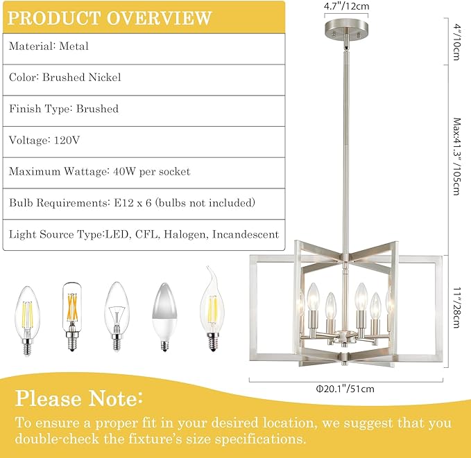 Brushed Nickel Chandelier 6-Light Modern Geometric Metal Lighting Fixture for Dining Room Kitchen Island Living Room Entryway Hallway Bedroom, 20 Inch Adjustable Pendant Ceiling Hanging Lamp