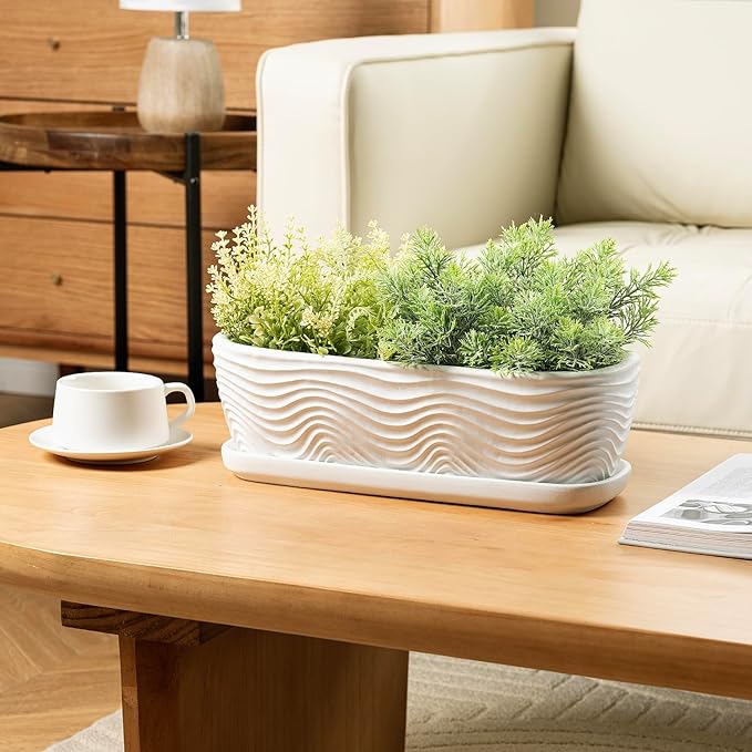 MyGift 13.5 inch Succulent Planter Pot, Oval Modern Ceramic Plant Box Container with Wave Textured Pattern and Removable Saucer Drip Tray (White)