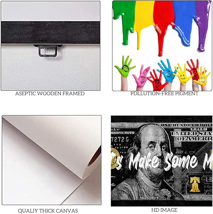 Inspirational Framed Office Canvas Art Paintings with Inspiring Sayings Let's Make Some Money Wall Decor for Walls 100 USD Money Canvas Art Easy to Hang-40 inch x20 inch