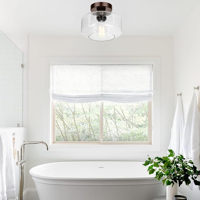 Industrial Semi Flush Mount Ceiling Light Brown, 800 Lumen LED Bulb Included, Clear Glass Shade Ceiling Light Fixture, Light Fixture for Hallway Bathroom Bedroom, Vintage Hanging Light Fixtures