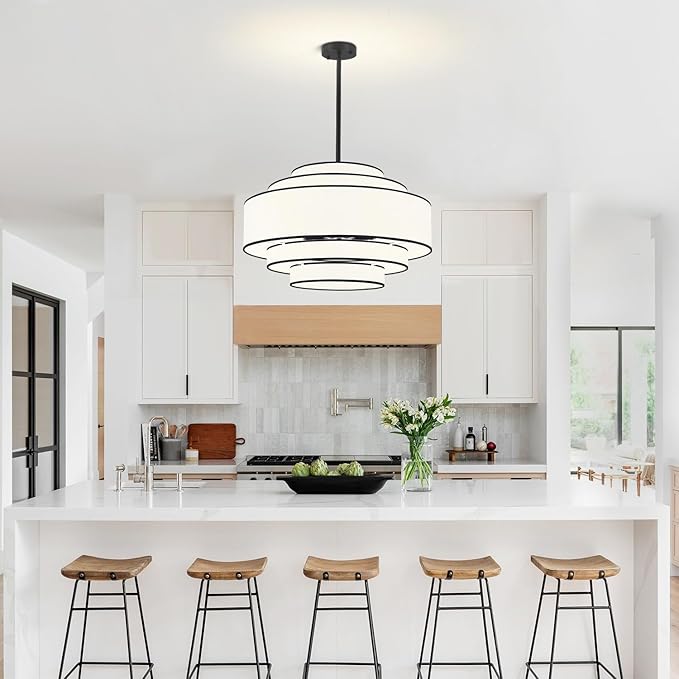 23.62’’Black Drum Chandelier,5-Tier Modern White Fabric Chandeliers Dining Room Light Fixture,6-Light Large Kitchen Island Lighting Farmhouse Chandelier for Living Room Bedroom Hallway Foyer,UL-Listed