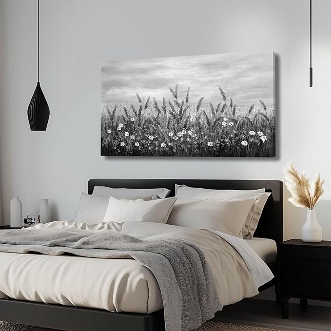 GAIDUOMAI Grey Landscape Wall Decor Lavender Flower Picture for Bedroom White Floral Artwork 24"x48" Nature Wall Art for Dining Room Kitchen