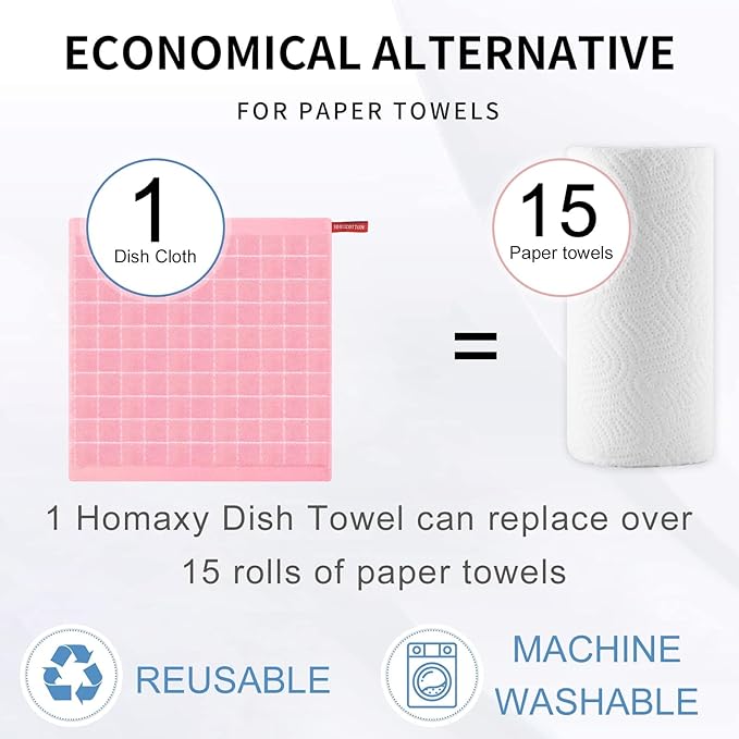 Homaxy 100% Cotton Terry Kitchen Dish Cloths, Ultra Soft and Absorbent Dish Towels for Kitchen, Suitable for Drying and Washing Dishes, 12 Pack, 12 x 12 Inches, Pink