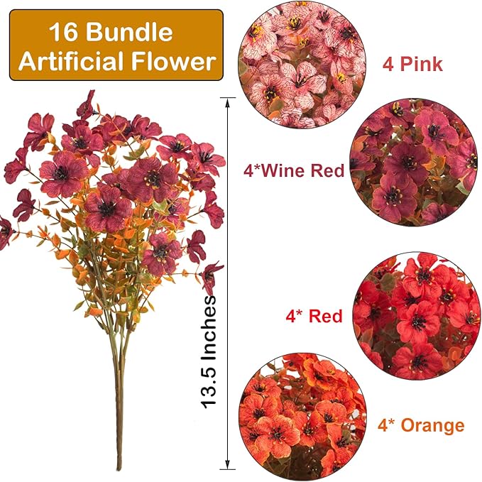 16 Bundles Artificial Fall Flowers, UV Resistant Faux Plants for Outdoor Decor - Fake Greenery for Porch, Patio, Garden, Thanksgiving Christmas Home Decoration (Mixed Colors)