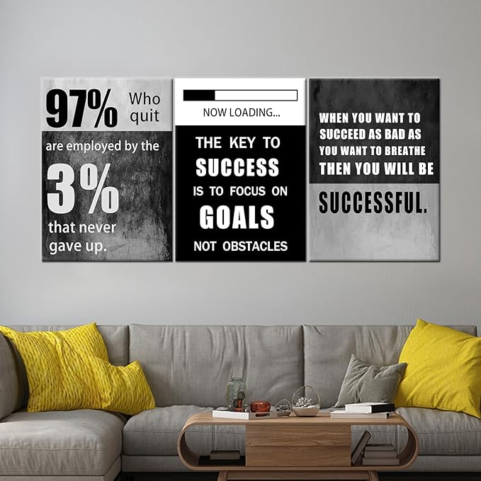 QYHART Motivational Poster Inspirational Success Canvas Art Paintings 3 Pieces Picture Artwork Living Room Prints Wall Decor Decoration Wooden Framed Ready to Hang [60''Wx 28''H]