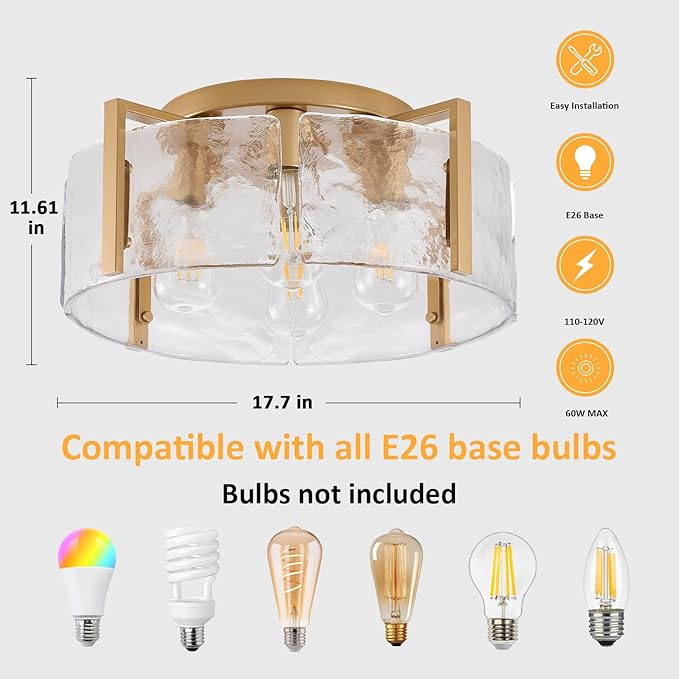 Semi Flush Mount Ceiling Light Fixture, 4-Light Gold Modern Hallway Light Fixtures Ceiling Mount, Foyer Kitchen Lighting Fixtures Ceiling Lights for Bedroom Entryway Bathroom Laundry Room