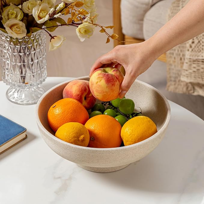 Large Decorative Fruit Bowl for Kitchen Counter, Sandstone Look Modern Minimalist Snack Candy Bowl for Table Centerpiece Decor, Home, Office, Hotel, Entryway (Beige)