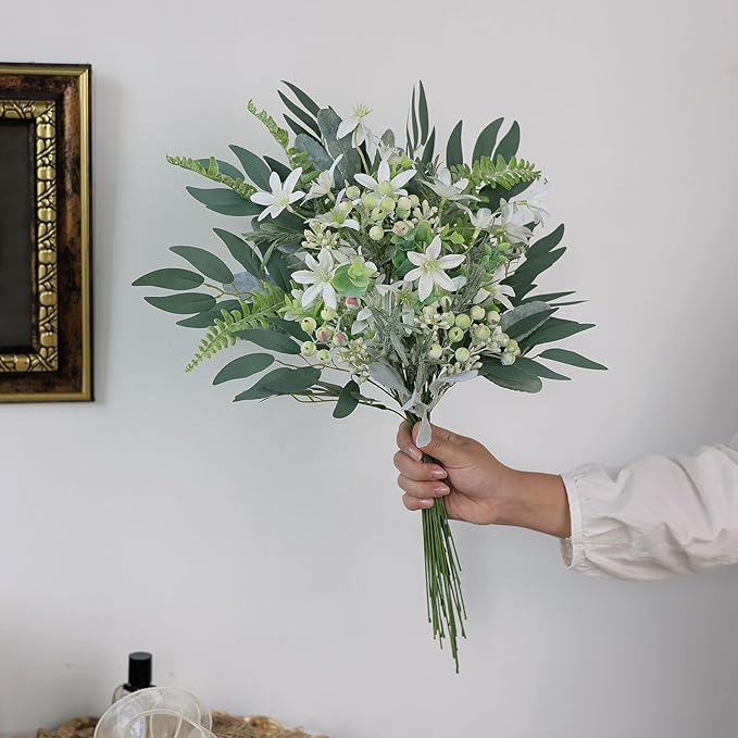 FOTEEWL 70 Pcs Artificial Greenery Stems Box Set,with 8 Kinds of Faux Plants and Fake Flowers for DIY Bridal Bouquets Wedding Floral Arrangement Table Centerpieces Decoration (Sage Green & White)