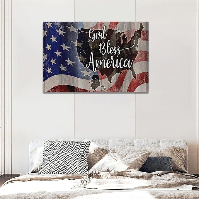 Large American Flag and USA Map Wall Art Rustic United States Map Pictures Wall Decor God Bless America Canvas Painting Print Home Decor Artwork Framed for Living Room Bathroom Master Bedroom 24"x16"