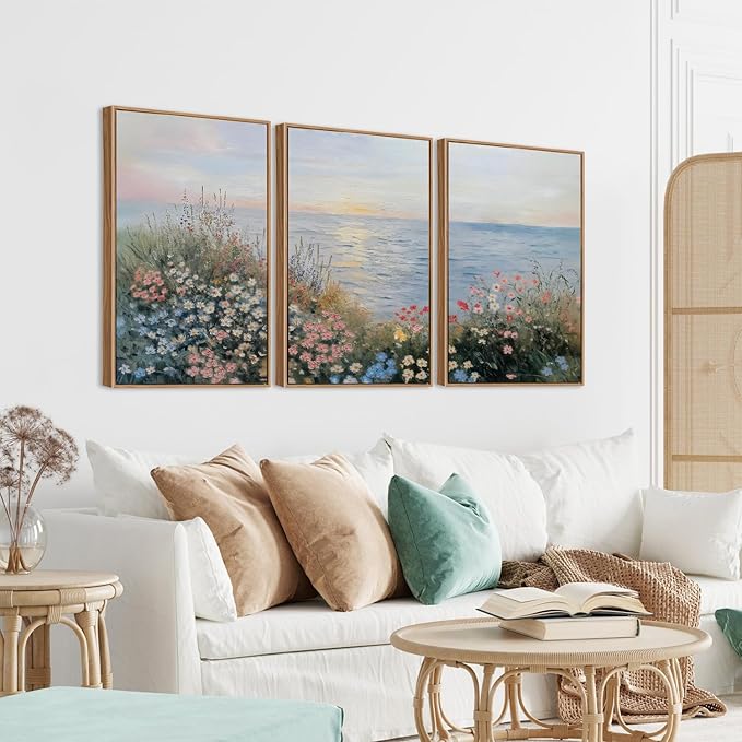 CHDITB Coastal Wildflowers Framed Canvas Wall Art Set, Coastal Floral Nursery Wall Decor, Seaside Sunset Artwork Spiritual Painting, Vintage Beach Art Prints For Living Room, Bedroom, Office 24"x36”x3