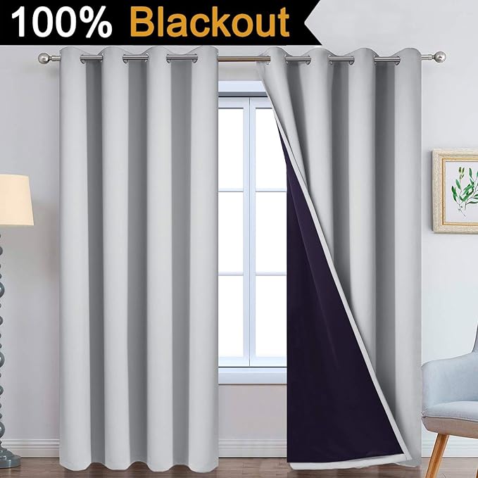 Yakamok 100% Blackout Window Curtain Panels, Heat and Full Light Blocking Drapes with Black Liner for Nursery,Thermal Insulated Draperies (Light Grey, 2 Pieces, 52Wx96L)