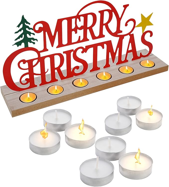 Merry Christmas Metal Sign Rustic Table Decorations with Wooden Base, Tiered Tray Decor with 18pcs Tealights, Table Centerpieces Metal Word Sign for Xmas Party Home Indoor Office Tabletop Mantel Shelf