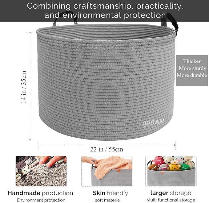 Extra Large Storage Laundry Basket 22" X 22"X 14" Cotton Rope Woven Basket for Blanket with Handles for Living Room Toys Storage XXXL (Gery)