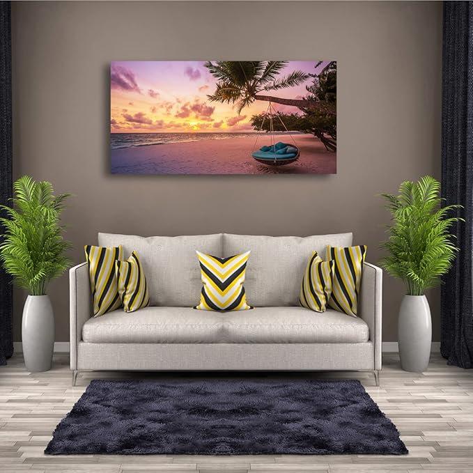 Purple Beach Palm Pictures Canvas Wall Art For Living Room Bedroom Wall Decor,Sunset Wall Art Print Paitnings For Home Decor,Morden Artwork Coconut Tree Canvas Art Ready To Hang-20x40Inches