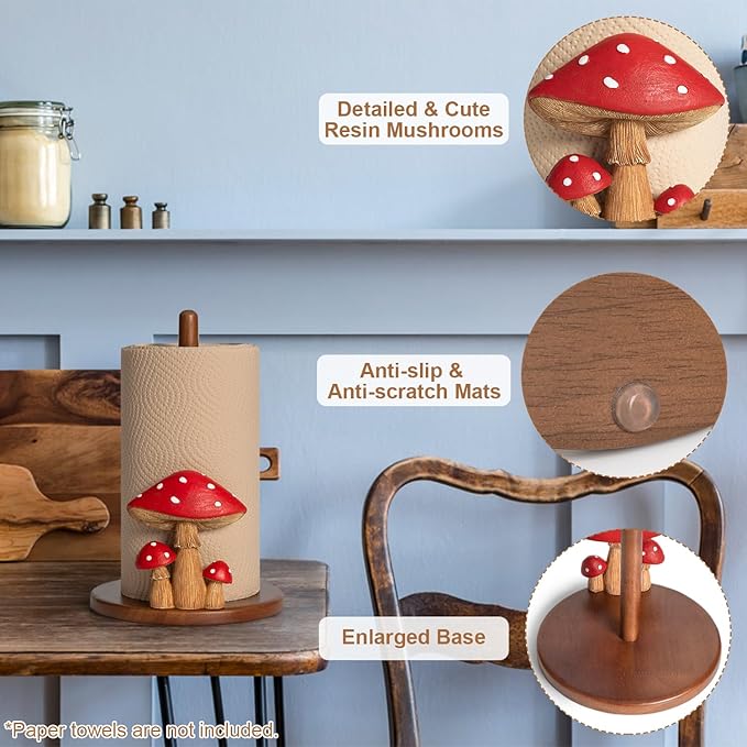 Mushroom Paper Towel Holder - Cottagecore Decor Mushroom Kitchen Home Cottagecore Accessories Cute Stuff, Unique Wood Paper Towel Holder Stand Kitchen Countertop 12.5×7 in