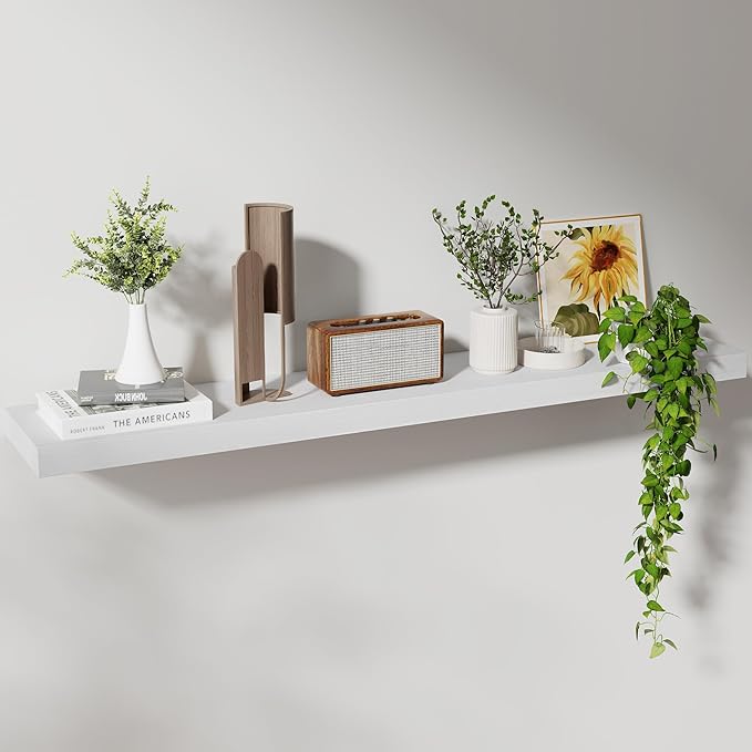 Axeman Floating Shelves, 8 Inch Deep Rustic Solid Wood Wall Shelves for Storage, Wall Mounted Display Shelving with Invisible Heavy-Duty Metal Bracket, 48" W x 8" D x 1.6" H, Distressed White