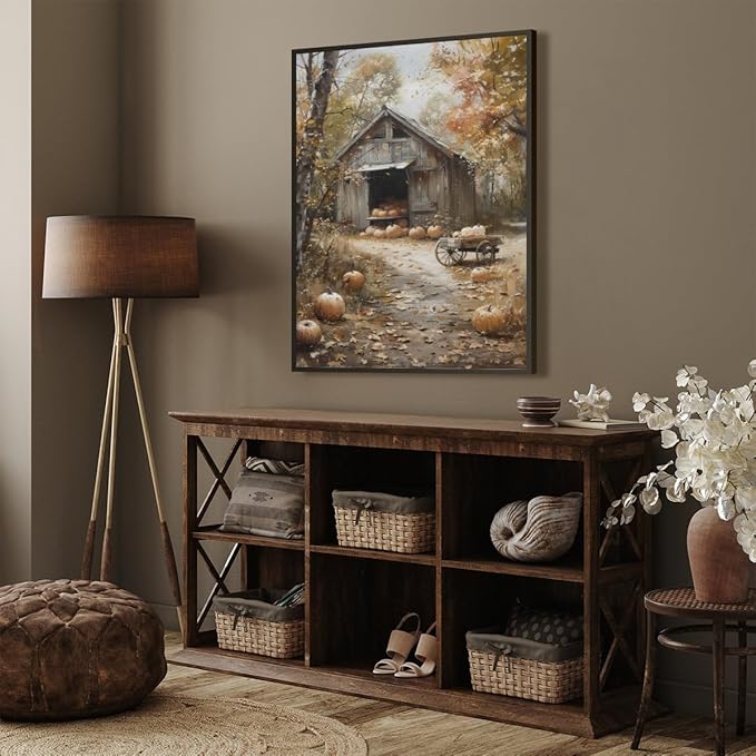 Fall Canvas Wall Art Farmhouse Pumpkin Barn Posters Retro Countryside Fall Pictures Prints Farmhouse Wall Decor for Home Living Room 16x24inch black framed