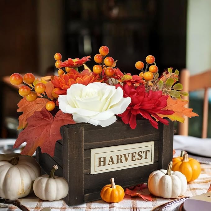 Fall Centerpieces for Tables Decor Fall Flowers Wooden Pot with Lights for Dining Room Farmhouse Kitchen Coffee Table Decorations with Artificial mums Centerpieces Fall Decor