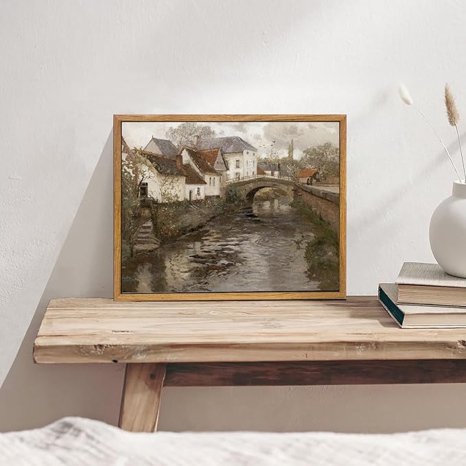 KBKBART Vintage Wall Art, Retro European Village Country Framed Canvas Art Prints Painting Farmhouse Decor, Rustic Impressionism Scenic Landscape Wall Decor for Bathroom, Bedroom Living Room, Vintage