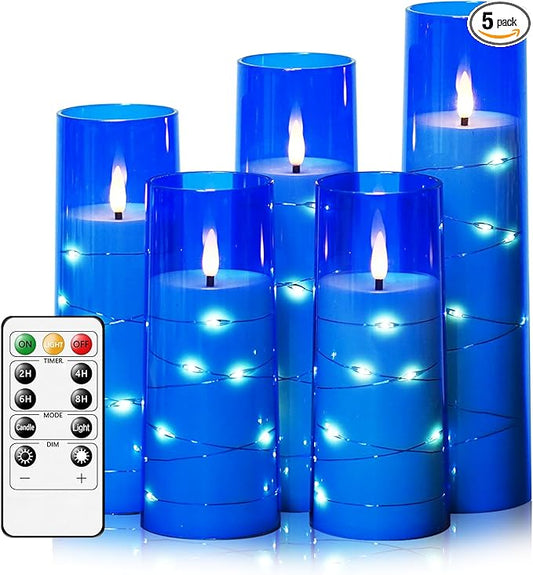 Flameless LED Candles with Timer 5 Pc Flickering Flameless Candles for Romantic Ambiance and Home Decoration Stable Acrylic Shell,with Embedded Star String，Battery Operated Candles（Blue）