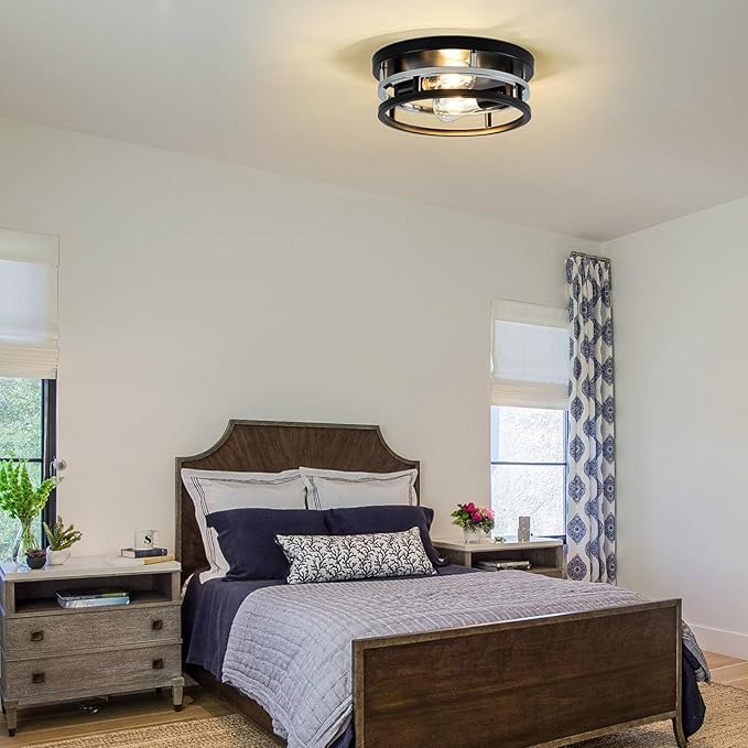 2 Light Industrial Ceiling Light Black Chrome Semi Flush Mount Lights Close to Ceiling Light Fixtures,cage design Farmhouse Ceiling Lighting for Kitchen Bedroom Bathroom Foyer Hallway (E26, 1Pack)