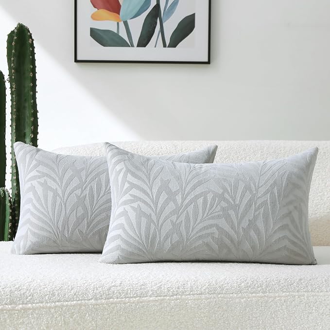 FUTEI Dark Grey Decorative Throw Pillow Covers 12x20 Inch Set of 2,Soft Chenille Phoenix Tail Leaf Textured Pillow Case,Modern Home Decor for Couch Bed Living Room