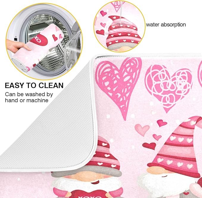 Happy Valentine Hearts Gnomes Dish Drying Mat 16 X 18 In Red Love Absorbent Microfiber Dry Dishes Pads Tableware Mats Protector for Kitchen Countertops Counter Home Decorations